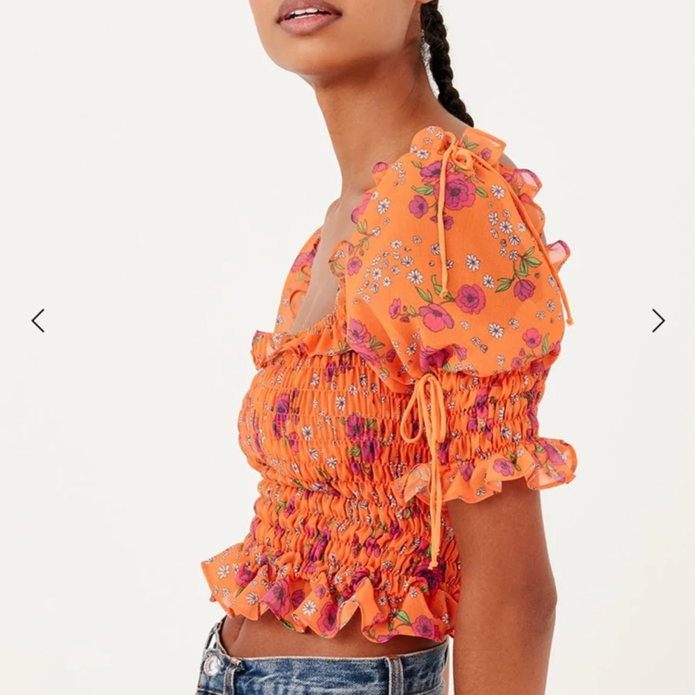 For Love & Lemons Peony Smocked Top in bright tangerine - Picture 3 of 3